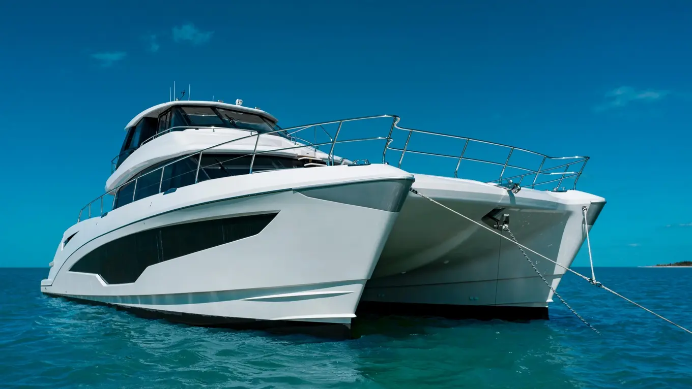 Luxury white catamaran yacht anchored in clear blue water against a bright sky, showcasing modern design and sleek lines.